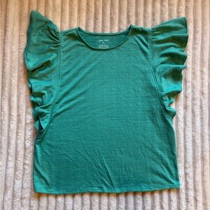Nine West Petite Emerald Green Large Ruffle Sleeve Top Short Sleeve Blouse
